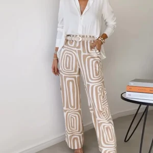 Pantaloni Larghi a Vita Alta con Stampa Geometrica Eleganti